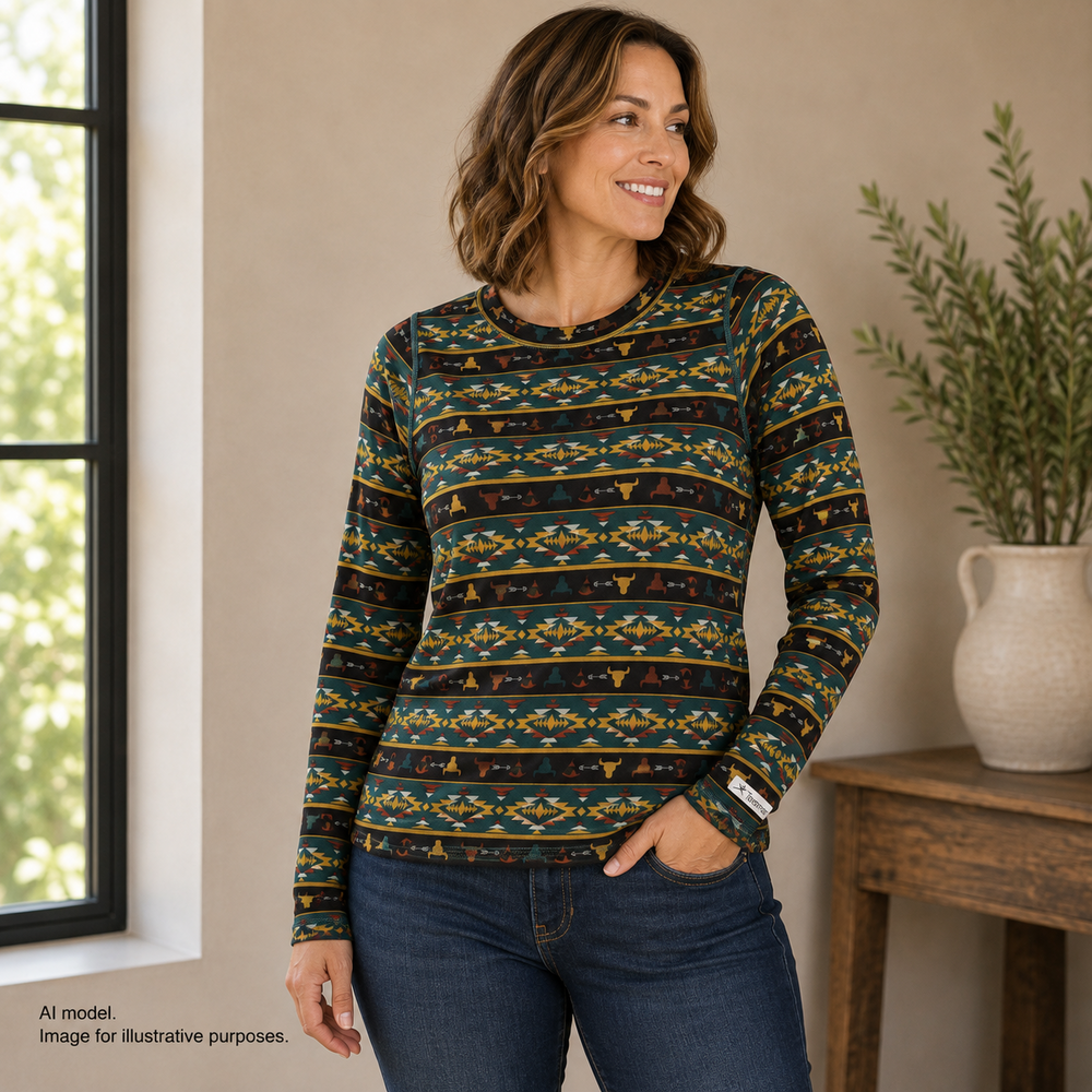 Terramar Shirt Womens Medium Black Aztec Southwest Base Layer Thumbholes Outdoor